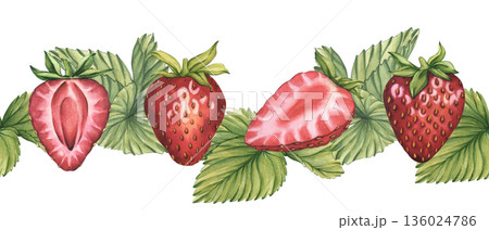Watercolor Strawberry Seamless Border. A horizontal pattern of ripe red strawberries, green leaves, and white flowers. Watercolor whole and halved strawberries illustration for tea, jam, and cosmetic Watercolor Strawberry Seamless Border. A horizontal pattern of ripe red strawberries, green leaves, and white flowers. Watercolor whole and halved strawberries illustration for tea, jam, and cosmetic 136024786