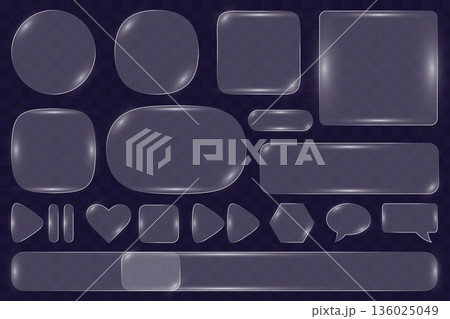 Glassmorphism UI elements set with transparent glossy buttons vector illustration. 136025049