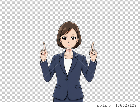Businesswoman pointing up with both hands 136025128