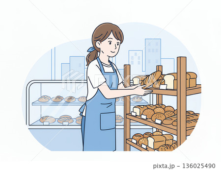 パンを並べる女性店員 136025490