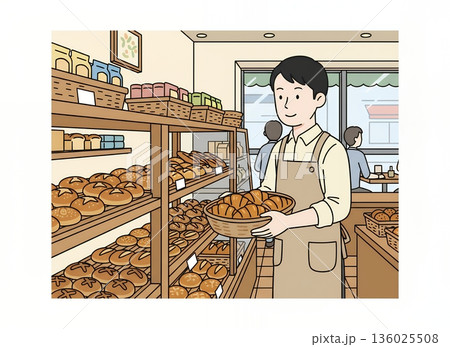 パンを補充する男性店員 136025508