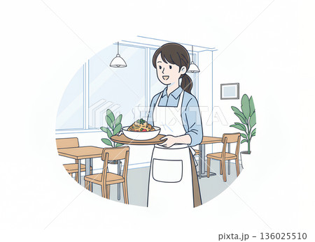 料理を運ぶウェイトレス 136025510