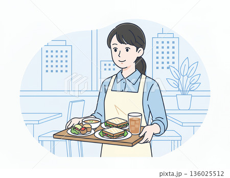 料理を運ぶウェイトレス 136025512