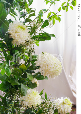 White chrysanthemum flowers near window with white curtains in bright natural light, copy space White chrysanthemum flowers near window with white curtains in bright natural light, copy space 136025645
