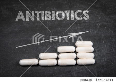 Antibiotics Treatment Progress Concept With Capsules On Chalkboard Background Antibiotics Treatment Progress Concept With Capsules On Chalkboard Background 136025844
