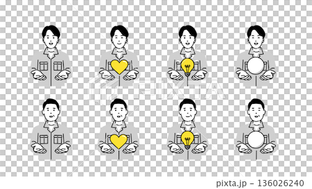 一組插圖,描繪了一位身穿工作服的男士雙手托舉著一個圖案,圖案包括:心形、燈泡、空白圓圈。 一組插圖,描繪了一位身穿工作服的男士雙手托舉著一個圖案,圖案包括:心形、燈泡、空白圓圈。 136026240