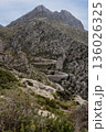 Serpentine road to the Sa Calobra bay in the Serra de Tramuntana mountains in front of the Puig Major peak, Mallorca, Balearic Islands, Spain, Europe 136026325
