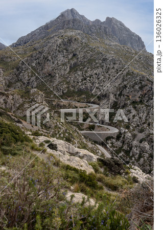 Serpentine road to the Sa Calobra bay in the Serra de Tramuntana mountains in front of the Puig Major peak, Mallorca, Balearic Islands, Spain, Europe Serpentine road to the Sa Calobra bay in the Serra de Tramuntana mountains in front of the Puig Major peak, Mallorca, Balearic Islands, Spain, Europe 136026325
