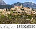 Almond blossom season around the village Selva, located on a hill in front of the Serra de Tramuntana mountains, Mallorca, Balearic Islands, Spain 136026330