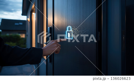 玄関ドアを指紋認証で開錠する手 136026623