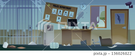 An abandoned police station interior with a jail cell, desk, computer, broken window, and door. An abandoned police station interior with a jail cell, desk, computer, broken window, and door. 136026822