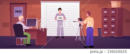 Police officers take photographs of a male suspect, vector flat police department office interior with computer desk Police officers take photographs of a male suspect, vector flat police department office interior with computer desk 136026828