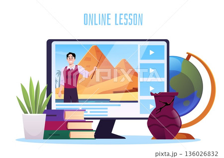 Poster with a teacher and pyramids on a computer screen, a vase, a globe, and books. Poster with a teacher and pyramids on a computer screen, a vase, a globe, and books. 136026832
