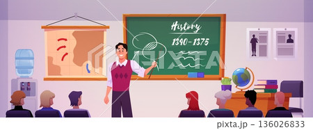 History classroom interior vector flat illustration, cartoon teacher is giving a lecture to students at the blackboard History classroom interior vector flat illustration, cartoon teacher is giving a lecture to students at the blackboard 136026833