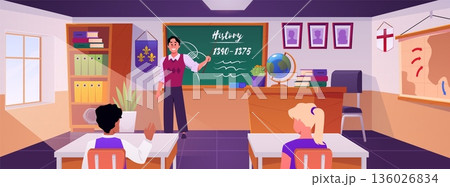 History classroom interior with teacher, students, and furniture. 136026834