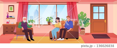 Young married couple visiting psychotherapist, psychology session help, psychotherapy support conversation vector flat 136026838