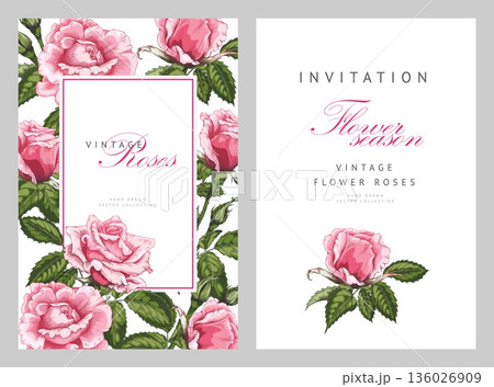 Vintage flower roses invitation vector hand drawn design, sketch of blooming pink roses, buds and leaves with lettering 136026909