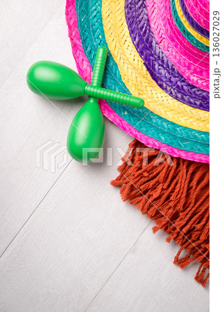 Mexican sombrero on wood background 136027029