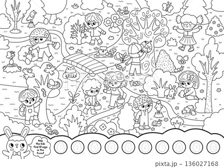 Vector black and white searching game with Easter egg hunt landscape. Spot ten hidden eggs in forest. Woodland line seek and find printable activity for kids. Spring holiday worksheet, coloring page 136027168