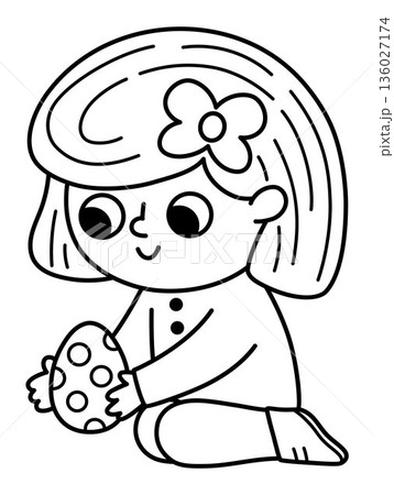 Happy joyful girl holding chocolate egg. Vector Easter egg hunt concept. Cute black and white kid icon. Spring holiday line illustration. Children clipart, coloring page 136027174