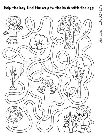 Easter egg hunt line maze for children with boy searching the way bush. Black and white labyrinth game with kid searching for eggs. Spring holiday printable activity, worksheet, coloring page with 136027178