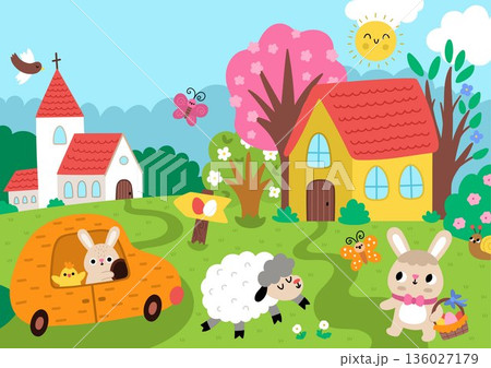 Vector Easter village landscape. Rural nature scene with church, bunny driving carrot shaped car, sheep, egg hunt sign, chick, blooming trees. Spring holiday horizontal background or book cover for 136027179