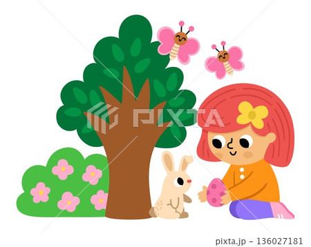Spring holiday illustration with girl giving chocolate egg to bunny, tree, bush with flowers, butterflies. Vector Easter egg hunt concept. Cute kid icon. Children clipart isolated on white background 136027181
