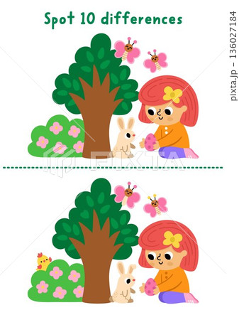 Easter find differences game for children. Spring holiday educational activity with girl giving egg to bunny, blooming tree. Cute puzzle for kids. Printable worksheet, page for logic and attention Easter find differences game for children. Spring holiday educational activity with girl giving egg to bunny, blooming tree. Cute puzzle for kids. Printable worksheet, page for logic and attention 136027184