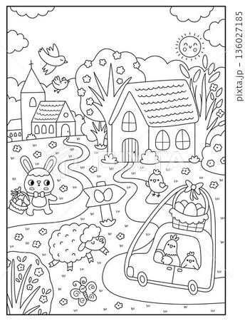 Vector black and white Easter village landscape. Rural nature line scene with church, hen driving car, sheep, egg hunt sign, chick, trees. Spring holiday vertical background, book cover for kids 136027185
