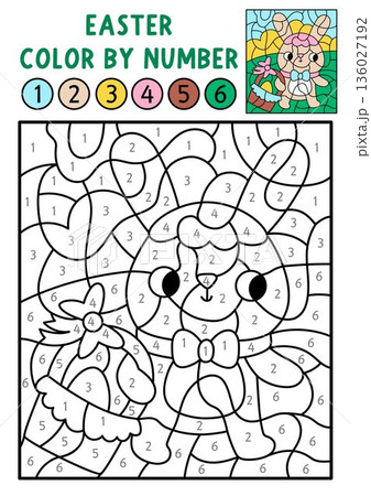 Vector Easter color by number activity with Bunny with egg basket. Spring black and white counting, colouring game. Cute coloring page for kids. Line printable worksheet with holiday symbol 136027192