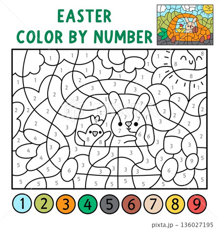Vector Easter color by number activity with Bunny driving carrot shaped car with chick. Spring black and white counting, colouring game. Cute coloring page for kids. Line printable worksheet 136027195