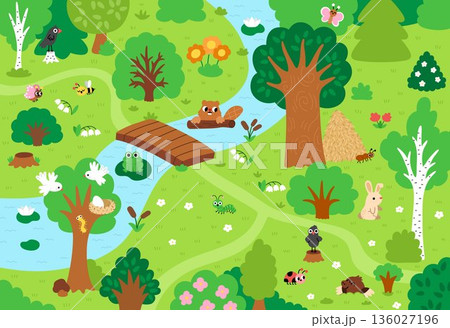Vector forest background with river and bridge, animals, insects. Cute woodland landscape with trees, bushes, spring flowers. Nature scene with hare, frog, mole, beaver, birds and butterflies Vector forest background with river and bridge, animals, insects. Cute woodland landscape with trees, bushes, spring flowers. Nature scene with hare, frog, mole, beaver, birds and butterflies 136027196