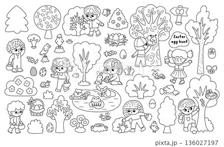 Vector black and white Easter egg hunt clipart set. Cute kid line icons collection with trees, bushes, insects, basket, nature element. Coloring page with children looking for eggs in forest Vector black and white Easter egg hunt clipart set. Cute kid line icons collection with trees, bushes, insects, basket, nature element. Coloring page with children looking for eggs in forest 136027197