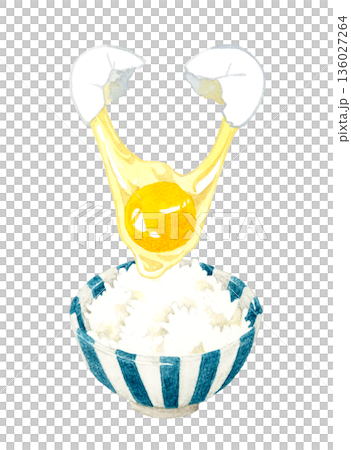 卵を割って卵かけご飯を作るところ　和食の手描き水彩イラスト素材 136027264