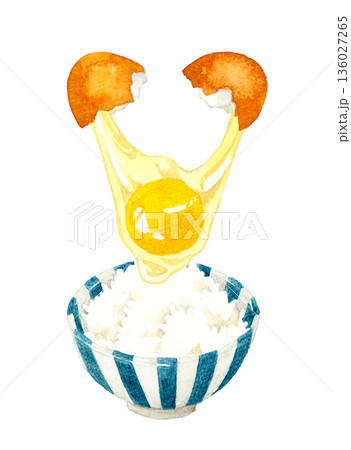 卵を割って卵かけご飯を作るところ 和食の手描き水彩イラスト素材 卵を割って卵かけご飯を作るところ 和食の手描き水彩イラスト素材 136027265