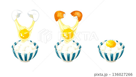 卵かけご飯のセット　和食の手描き水彩イラスト素材 136027266