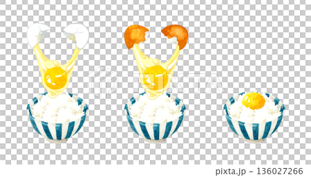 卵かけご飯のセット　和食の手描き水彩イラスト素材 136027266