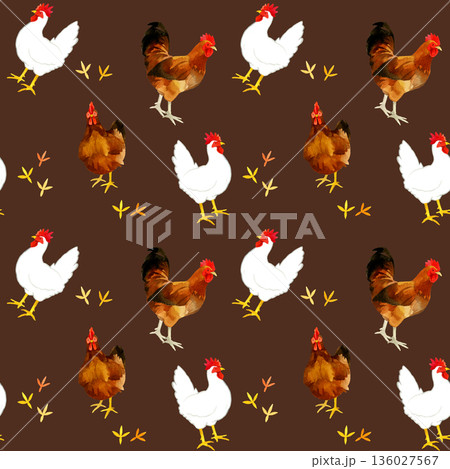 3種類のニワトリのシームレスパターン 鳥の手描き水彩イラスト背景素材 3種類のニワトリのシームレスパターン 鳥の手描き水彩イラスト背景素材 136027567