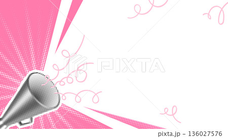 Megaphone Speech Collage Pop Art Flyer. Pink Halftone Rays Doodle Swirls on White Copy Space Background. Minimal Comic Style Announcement Poster. Dynamic Social Media Banner. Vector Illustration 136027576