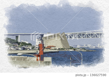 水彩画風 明石海峡大橋 松帆アンカレイジパーク 兵庫県淡路市 水彩画風 明石海峡大橋 松帆アンカレイジパーク 兵庫県淡路市 136027590