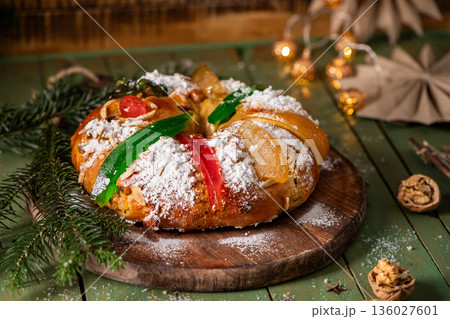 Traditional holiday bread with candied fruits Traditional holiday bread with candied fruits 136027601