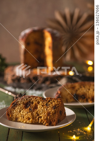 Close-up of a Single Slice of Panettone on a White Plate Close-up of a Single Slice of Panettone on a White Plate 136027666