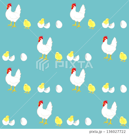 卵・ひよこ・ニワトリのシームレスパターン　鳥の手描き水彩イラスト背景素材 136027722