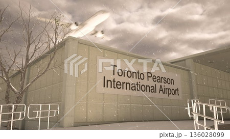 Toronto Pearson International Airport exterior with airplane overhead in winter snowfall, Toronto, Canada 3D rendering Toronto Pearson International Airport exterior with airplane overhead in winter snowfall, Toronto, Canada 3D rendering 136028099