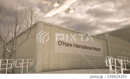 Chicago OHare International Airport exterior with airplane overhead in winter snowfall, Chicago, United States 3D rendering 136028105