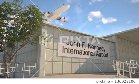 John F Kennedy International Airport entrance sign and airplane passing above on a summer day, New York, United States 3D rendering John F Kennedy International Airport entrance sign and airplane passing above on a summer day, New York, United States 3D rendering 136028106