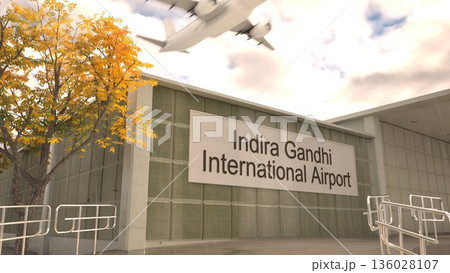 Indira Gandhi International Airport sign on terminal building with autumn tree and airplane, New Delhi, India 3D rendering 136028107