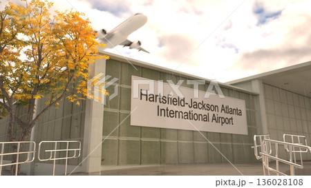 Hartsfield Jackson Atlanta International Airport sign on terminal building with autumn tree and airplane, Atlanta, United States 3D rendering 136028108