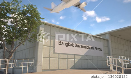 Bangkok Suvarnabhumi Airport entrance sign and airplane passing above on a summer day, Bangkok, Thailand 3D rendering 136028122