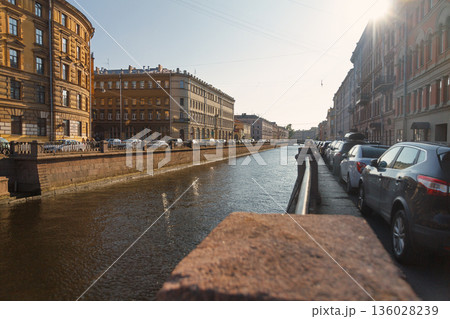 View of Moika river and street in St. Petersburg in morning, Russia View of Moika river and street in St. Petersburg in morning, Russia 136028239